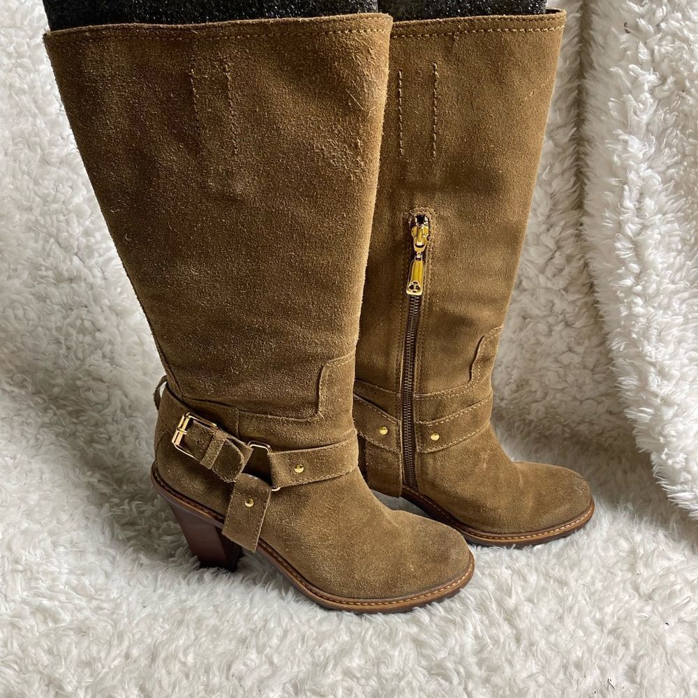 Talbots Brown Leather Suede mid calf Boots. Side zipper gold tone accent SZ 9.5